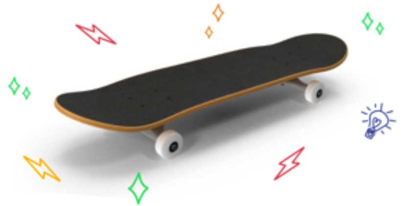 Skateboard and decorative graphics on white background