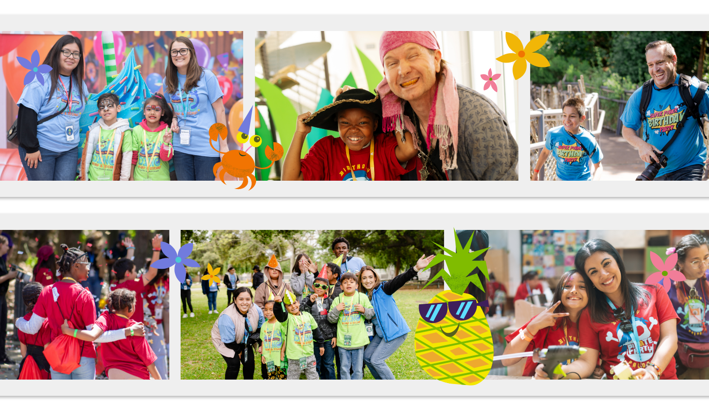 collage of volunteers at KidSpace Museum for past Birthday Paloozas